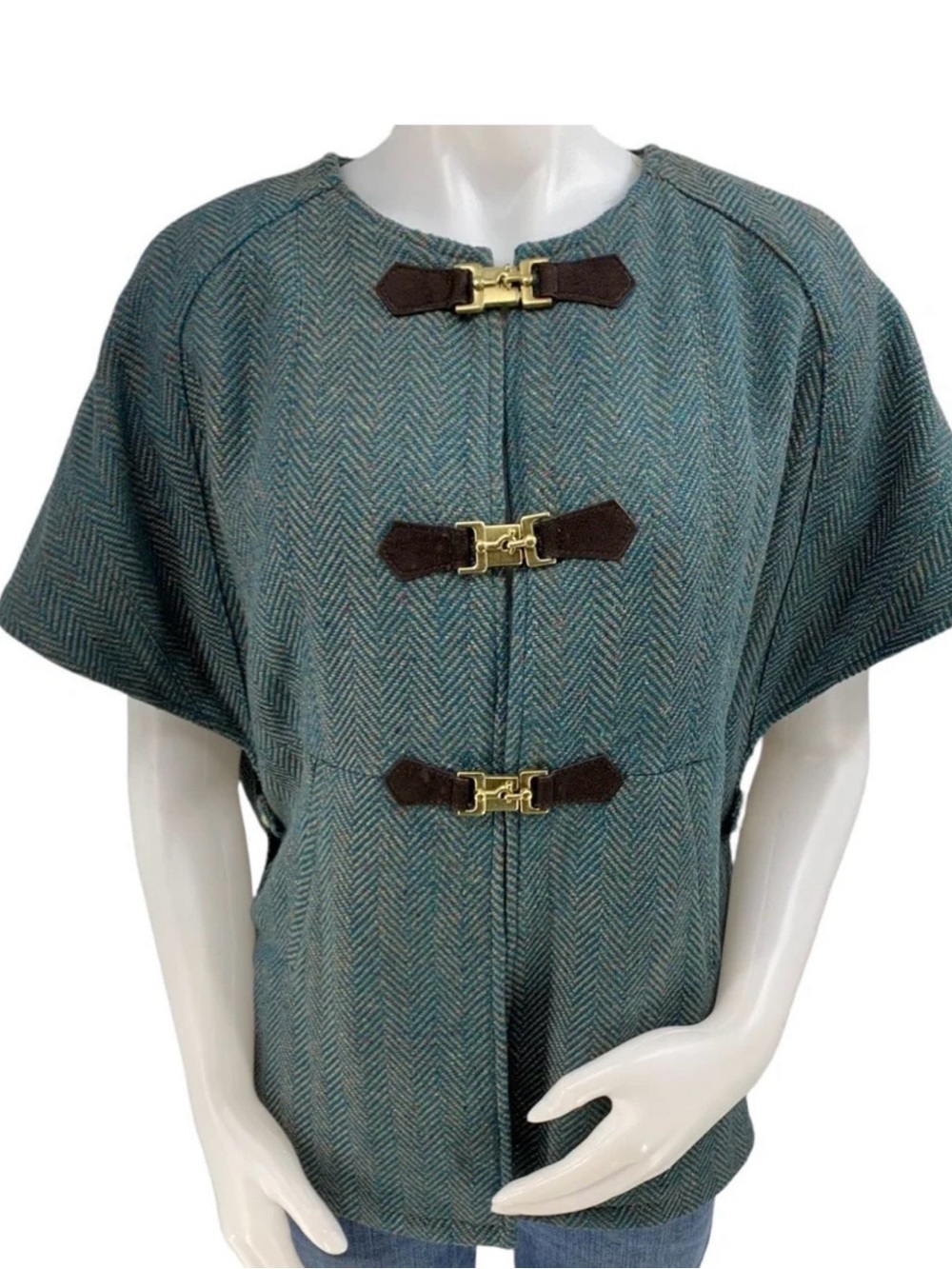 Soft Surroundings Hampstead Teal Herringbone Tweed Cape Poncho XL Gold Clasps